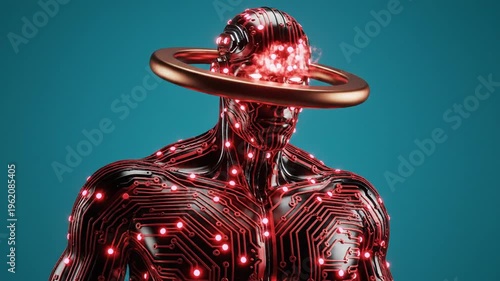 Futuristic humanoid robot with glowing red circuits and golden halo