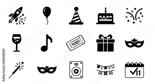 Collection of party and celebration themed icons in a minimalist black and white style.