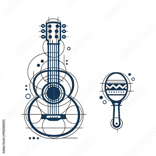 Guitar and maraca musical instruments technical drawing