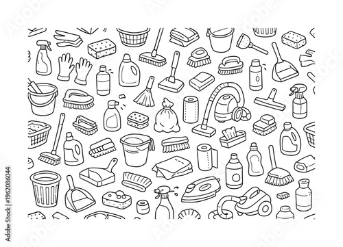 Simple cleaning routine doodle pattern with spray bottle, sponge, mop, bucket, broom, dustpan, vacuum cleaner, brush, gloves, detergent bottle, soap bar, cloth rag, paper towel