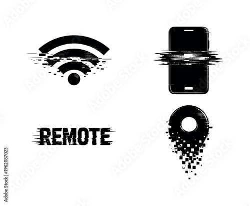 Remote connectivity and wireless disruption concept  a set of three glitch-distorted monochrome symbols presented as isolated floating elements on a perfectly