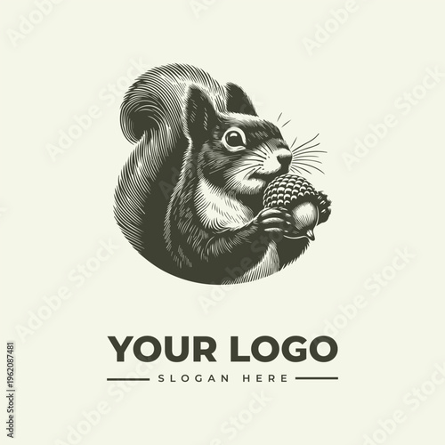 A vintage-style woodcut illustration of a squirrel holding an acorn, designed as a logo with a placeholder for a company name and slogan in a classic engraving style.