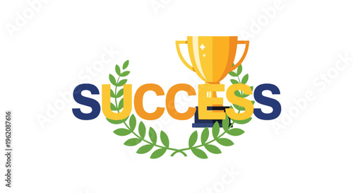 A compelling visual depicting exceptional accomplishment and ultimate victory, showcasing a brilliant golden trophy integrated into the word SUCCESS