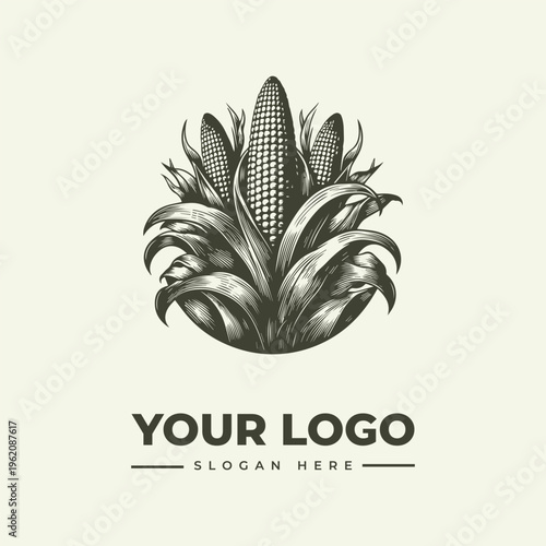 A vintage-style woodcut illustration of an ear of corn with leaves and kernels, accompanied by a logo placeholder and generic text on a plain background.