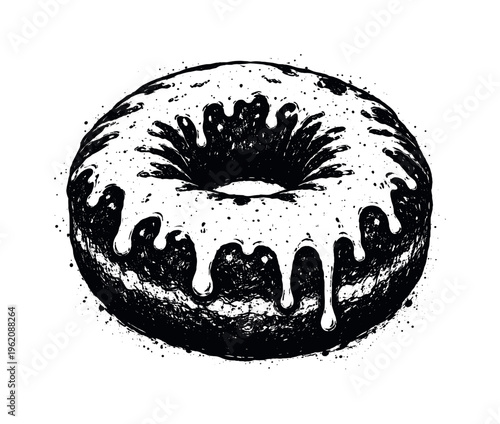 A realistic chocolate donut with thick glaze shown in direct frontal view, enlarged to dominate the frame and isolated on a pure white background, its circular