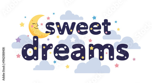 Whimsical nighttime illustration with cheerful crescent moon, twinkling stars, and comforting clouds