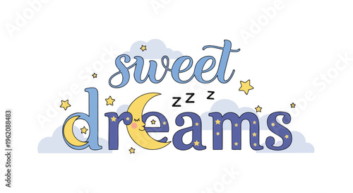 Whimsical nighttime graphic featuring a peaceful sleeping crescent moon among starry clouds, perfect for children's decor, nursery designs, and