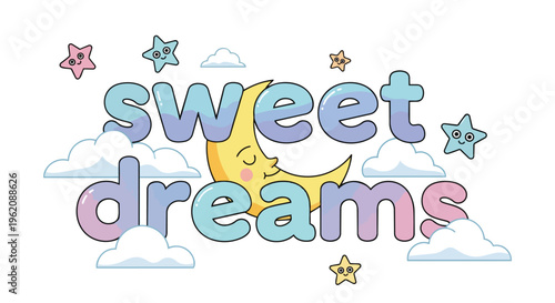 Charming nocturnal scene with sleepy moon and friendly stars amidst soft clouds, wishing peaceful slumber and delightful reveries for all ages.