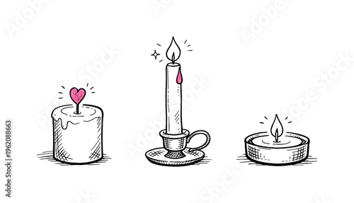 Candles theme  a horizontal row of 3 related hand-drawn cozy lighting objects on a white background: a short pillar candle with a tiny pink flame heart detail,