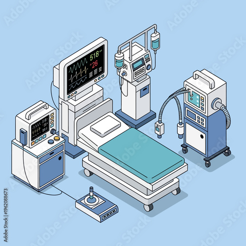 Isometric illustration of a hospital operating room with medical equipment and a patient bed.