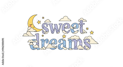 Whimsical illustration of 'sweet dreams' in ornate typography, with a sleepy crescent moon, soft clouds, and sparkling stars, creating a tranquil