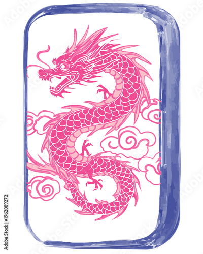 Obraz na plátne chinoiserie mahjong Tile,pink dragon in mahjong tile.