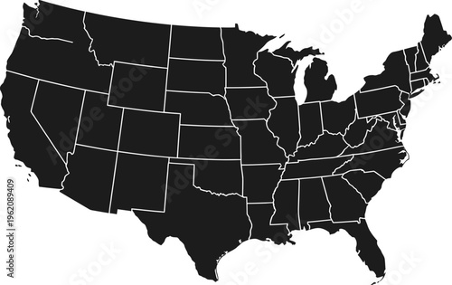 A black and white map of the united states of america with state borders