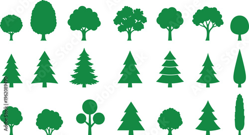 Collection of various green tree silhouettes on white background