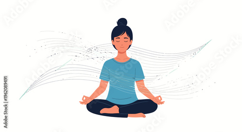 woman meditating in lotus position with eyes closed for mindfulness and relaxation