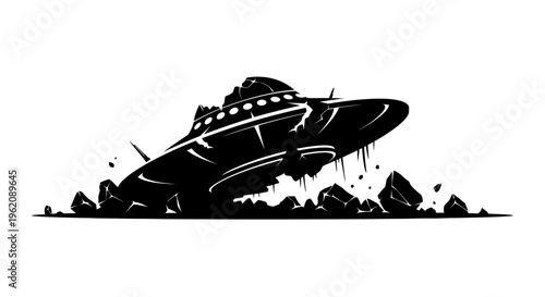 Crashed UFO Silhouette Vector Illustration, Extraterrestrial Spaceship Wreckage Graphic Isolated on White Background
