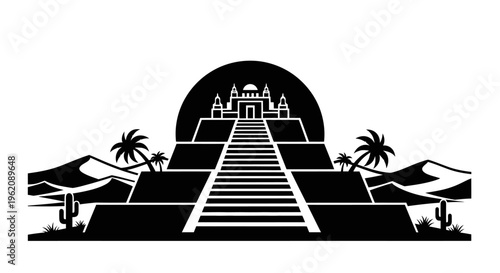 Minimalist Stepped Desert Temple Vector Illustration Stencil Design