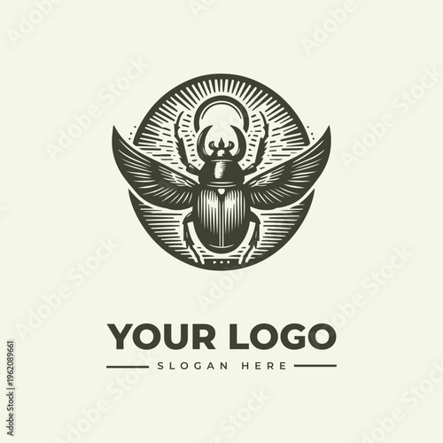 A vintage engraving-style logo featuring a winged beetle icon with a sunburst, accompanied by a 'YOUR LOGO' text placeholder and slogan area on a clean background.