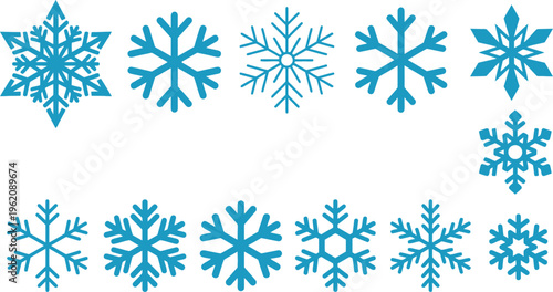 Collection of unique blue snowflakes on white background