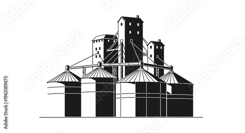 Agricultural Grain Silo Cluster Vector Stencil Illustration, Industrial Storage Bin Design for Farm Harvest Isolated on White Background