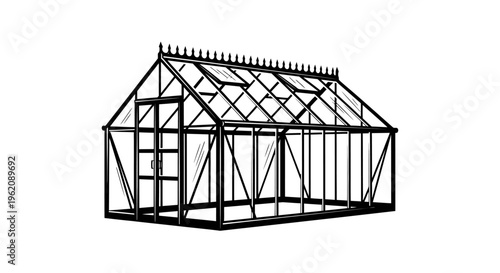 Minimalist Greenhouse Vector Illustration - Black and White Glasshouse Icon for Gardening and Botanical Design