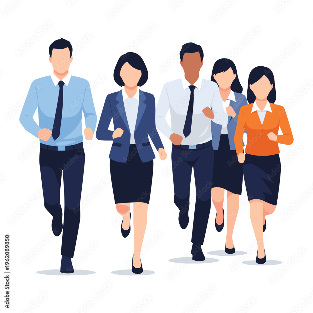 Obraz premium Group of business professionals running together in office attire on white background