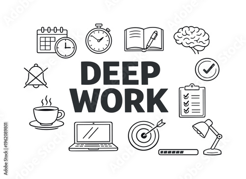 Simple focus session and deep work technique concept focused on uninterrupted concentration, time blocking and achieving high-quality output in structured