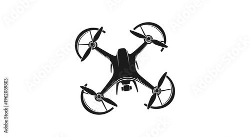Black Vector Silhouette of a Quadcopter Drone Isolated on White Background. Modern Unmanned Aerial Vehicle (UAV) Graphic Icon for Technology and Surveillance Design.