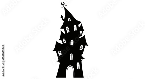 Wizard Tower Silhouette with Crooked Roof - Fantasy Magic Castle Vector Illustration
