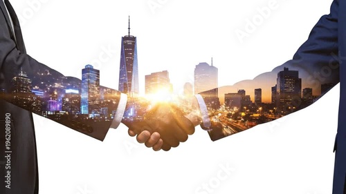 Global business professionals shaking hands with urban cityscapes overlay