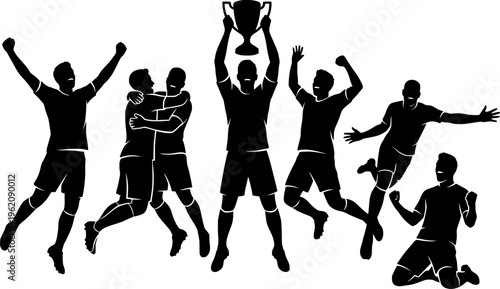 Silhouette of Champion Soccer Team Raising Trophy in Triumphant Celebration