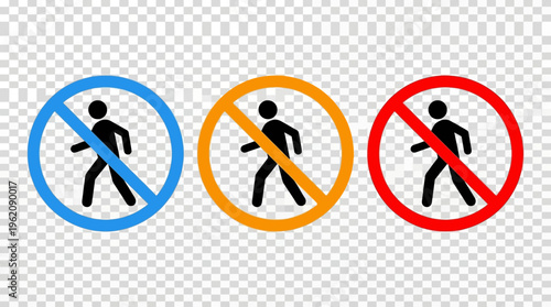 Colored "No Pedestrian" prohibition signs with walking silhouette crossed out, circular shapes, transparent background, versatile for safety, restriction, instructional communication.