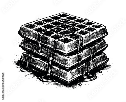 A realistic stack of golden waffles with syrup shown in slightly angled three-quarter view, enlarged to dominate the frame and isolated on a pure white