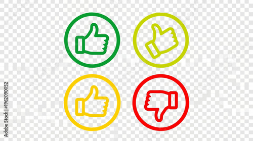 Colored thumbs icons showing approval and disapproval, circular shapes, transparent background, versatile for rating, feedback, reviews, digital interfaces.