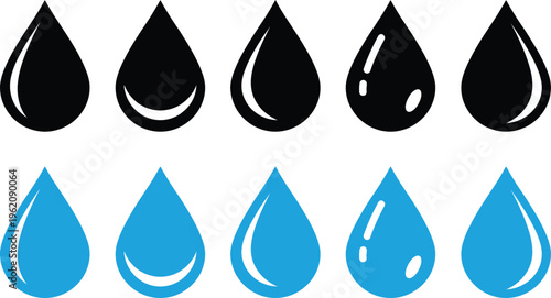 A graphic illustration of eight teardrop shaped water droplets in two rows