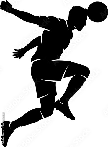 Dynamic silhouette of a soccer player executing a powerful header while jumping during an intense match