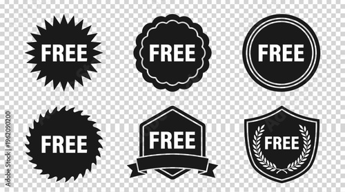 Black and white "FREE" promotional badges in varied geometric shapes, bold typography, transparent background, versatile for advertising, marketing, product campaigns.