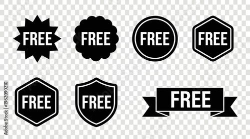 Black and white "FREE" promotional badges in varied geometric shapes, bold typography, transparent background, versatile for advertising, marketing, product campaigns.