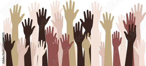 Diverse hands raised in unity and solidarity a symbol of collective action and support