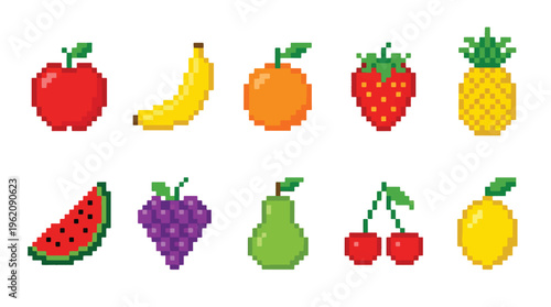 Pixel Fruit Icon Set, Colorful Healthy Food Collection