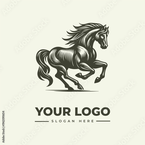 A dynamic black and white illustration of a running horse with a flowing mane, accompanied by a logo and slogan placeholder in a clean design.