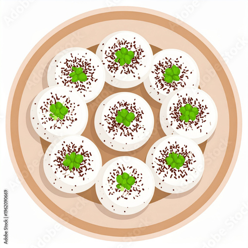 Soft, fluffy kue cubit topped with chocolate sprinkles and pandan cream, a beloved Indonesian street snack served warm in bite-sized rounds