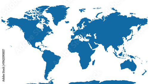 A blue and white world map on a plain background