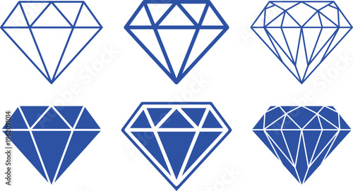 Six different diamond shapes and cuts in blue on white background