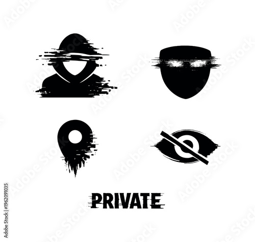 Digital privacy and anonymity theme, a set of four glitch-distorted monochrome objects placed on a perfectly clean white background, each object exhibiting its