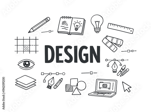 Creative design process and visual thinking concept centered on sketching ideas, refining concepts, and producing visual solutions in a professional workflow. DESIGN title with