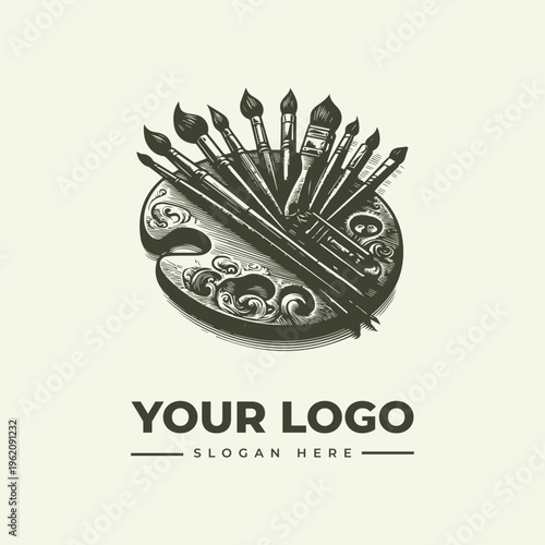 A logo design featuring a palette with paintbrushes and space for a custom logo and slogan in a vintage engraving style.