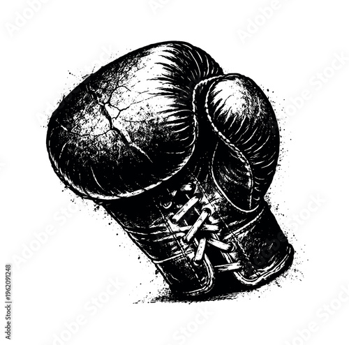 Cracked boxing glove viewed from a slightly low angle with the glove tilted forward and filling most of the composition, isolated on a stark white background,