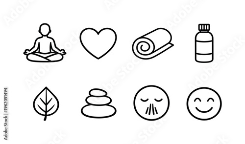 Wellness care lifestyle: lotus pose meditation, heart symbol, yoga mat, water bottle, leaf icon, spa stones, breathing exercise, smile face
