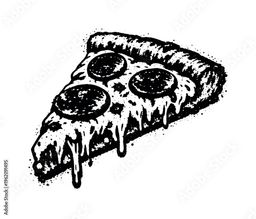 A realistic slice of cheesy pepperoni pizza with thick bubbling cheese shown in three-quarter perspective, enlarged to fill most of the frame and isolated on a